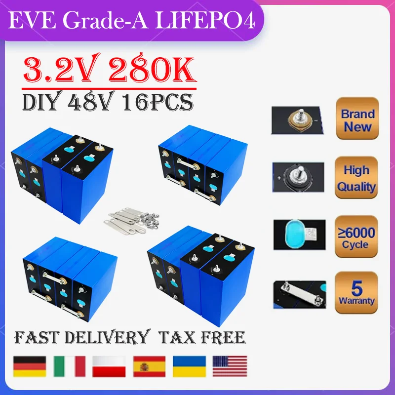 

16PCS 3.2V 280Ah 280K LiFePO4 Battery 16 Pack 100% Large Capacity 6000 Deep Cycle RV Electric Vehicle Yacht DIY Solar Duty Free