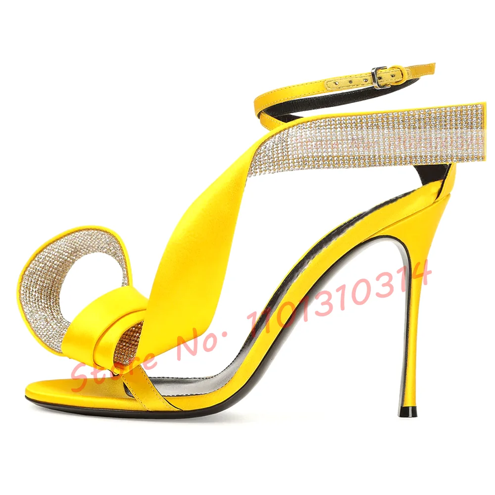 Crystal Ribbon High Heels Sandals Sexy Women Yellow Cross Strap Luxury Satin Sandals Summer Large Size Shiny Party Dress Sandals