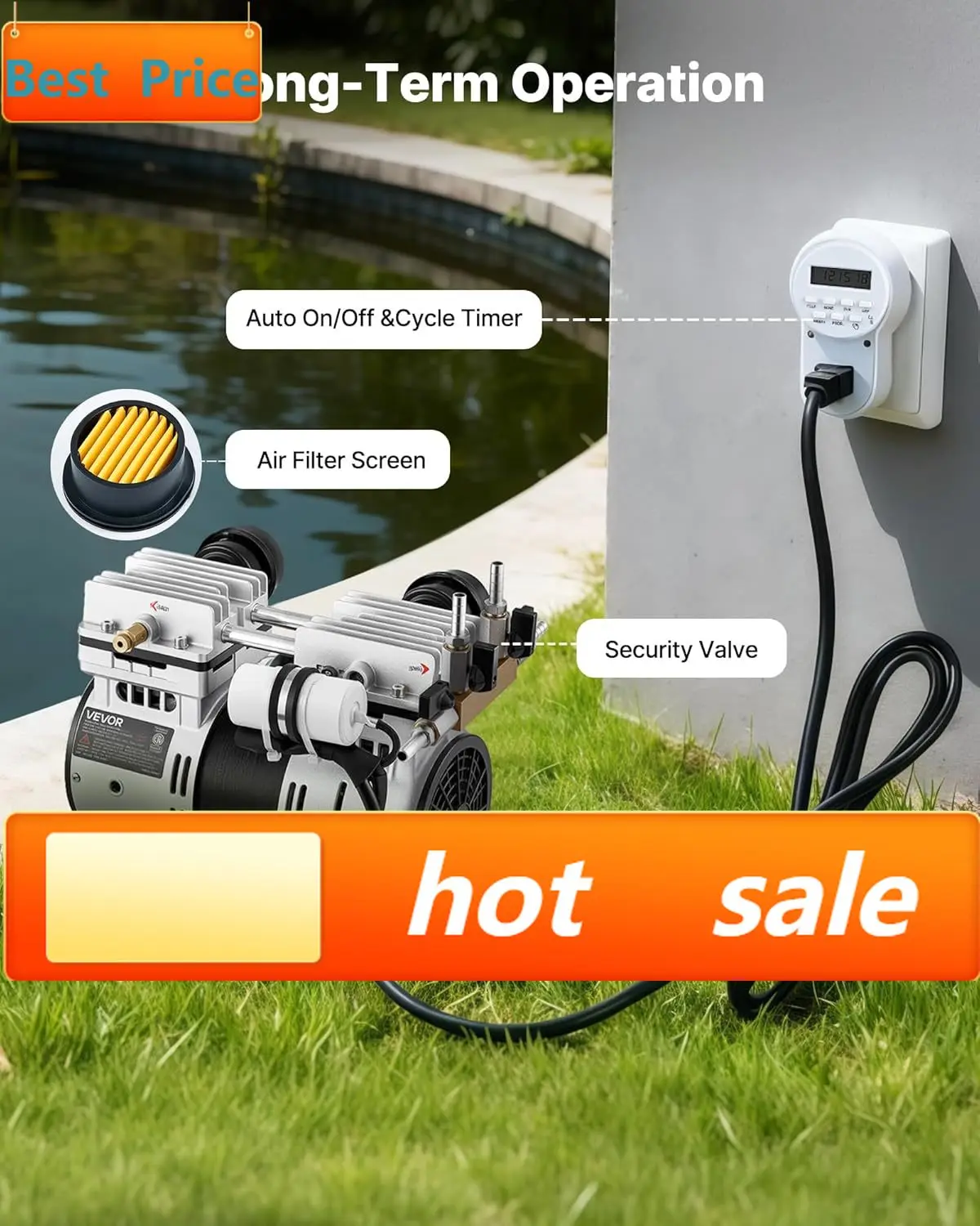 

Pond Aerators, 6.7CFM Aeration System for Lakes up to 3 Acres, 1 HP Air Compressor, 4 Diffusers & Four 100' Weighted Tubing, Out