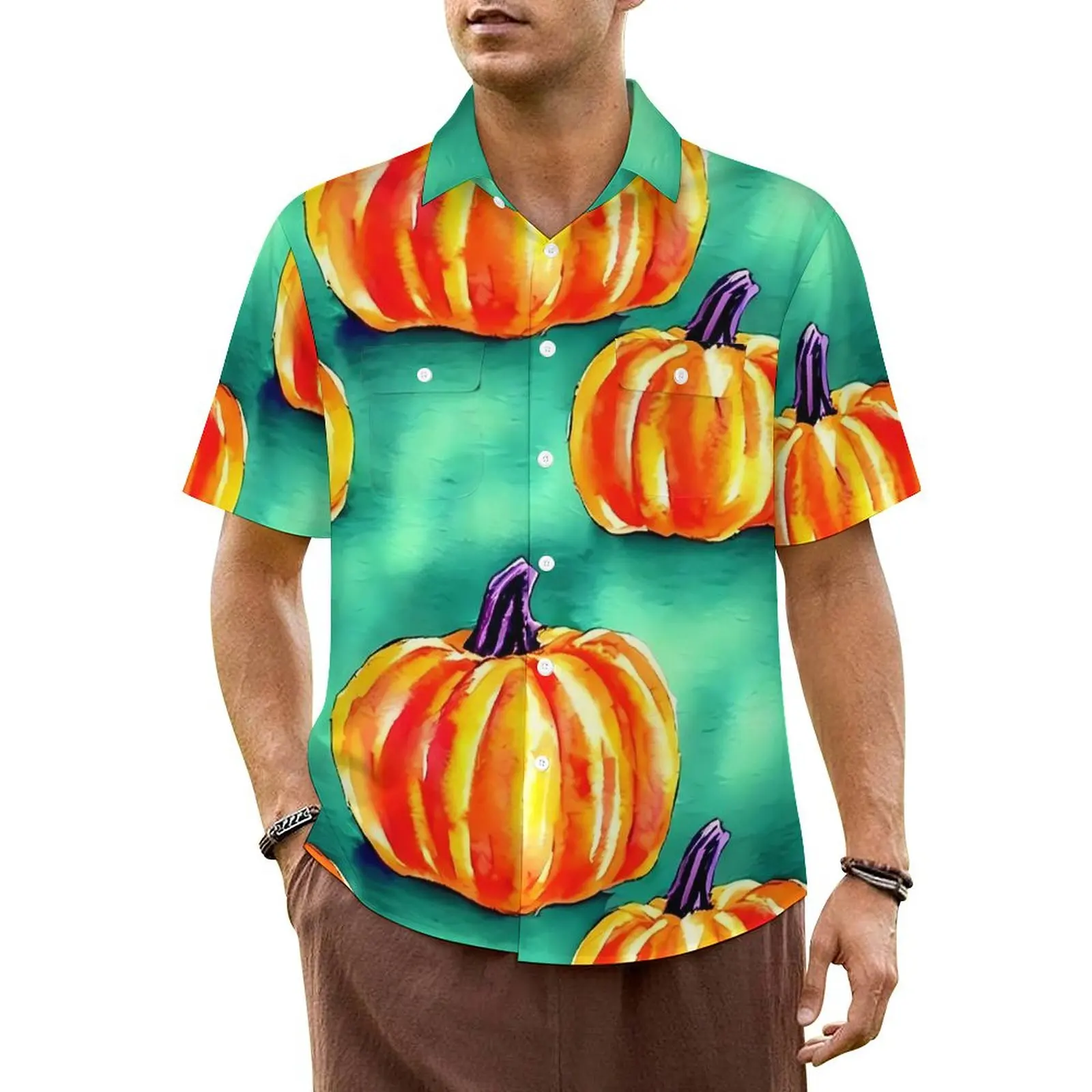 

Pumpkins Print Vacation Shirt Watercolor Halloween Summer Casual Shirts Mens Cool Blouses Short Sleeve Breathable Clothing