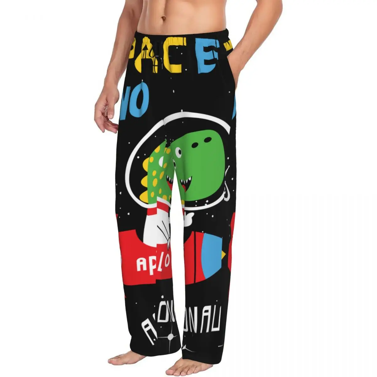 Custom Printed Men's Pajama Pants Cartoon Space Dinosaur Sleepwear Sleep Lounge Bottoms with Pockets