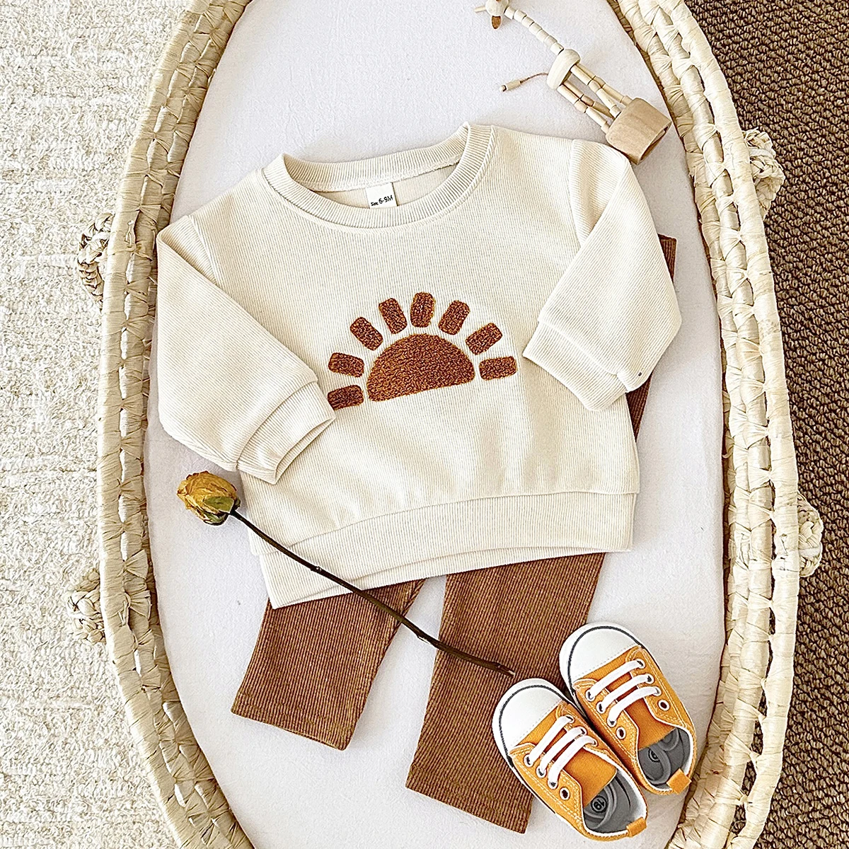 New Autumn Baby Boys Girls Clothes 2Pcs Plush Sun/Moon Organic Cotton Spring Newborn Baby Long Sleeve Casual Kids Clothing Sets