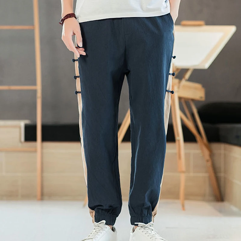 

Summer Fashion Elastic Waist Haren Pants Man Contrast Color Pockets Patchwork Cotton Hemp Casual Personality All-match Trousers