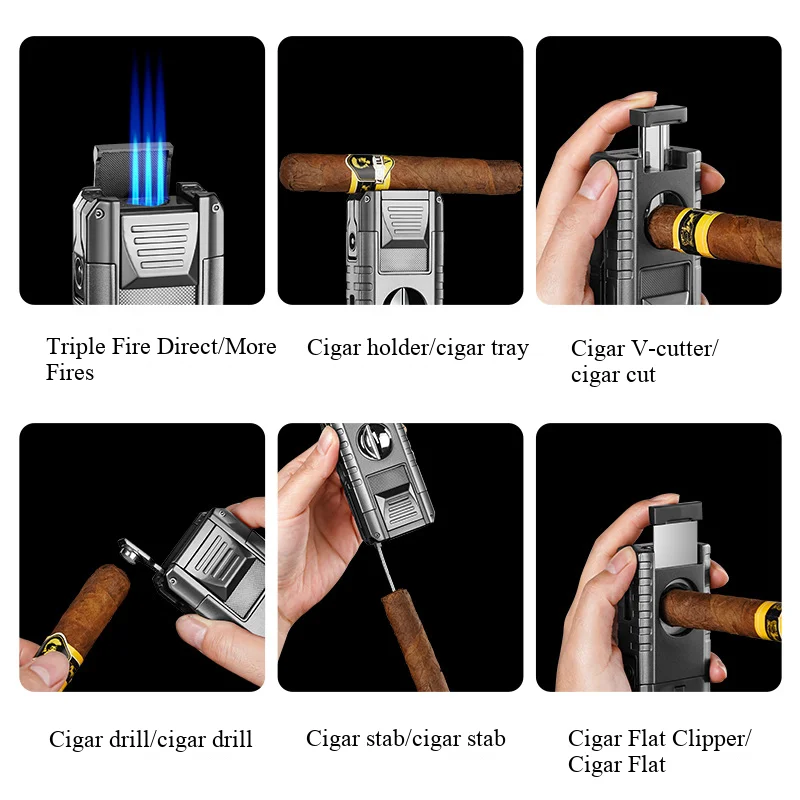 

3-лучевая зажигалка для сигар с пламенем, инструмент 6-в-1, ветрозащитный портативный для энтузиастов
