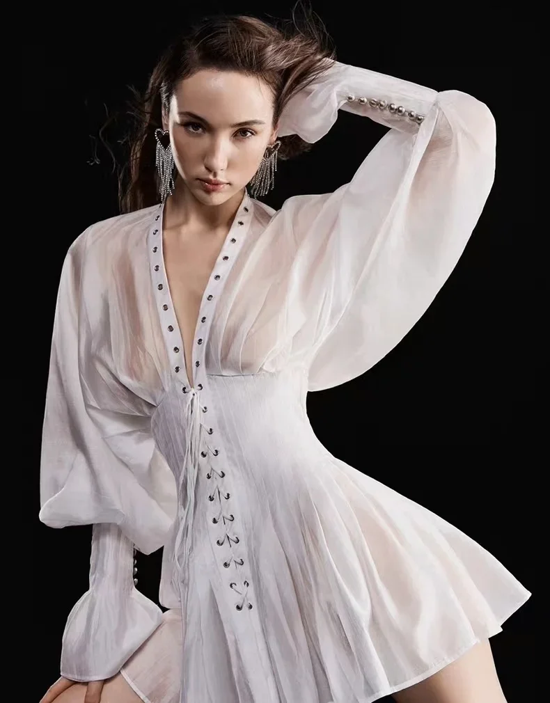 

Women's Short Robes 2024 New Spring Summer Perspective Design Lace-up Slim Folds Waist Sexy Casual Long Sleeve Mini Dress