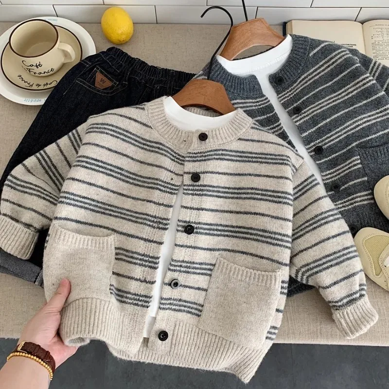 

Children's Sweater Jacket Spring Autumn Boys' Round Neck Top New Baby Knitted Pocket Sweaters Kids Striped Cardigan