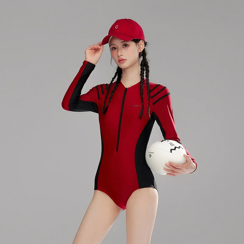 

Women Front Zipper One Piece Professional WaterProof Sports Beach SwimWear Long Sleeve Quick-Dry Athletic Paded Bathing SwimSuit