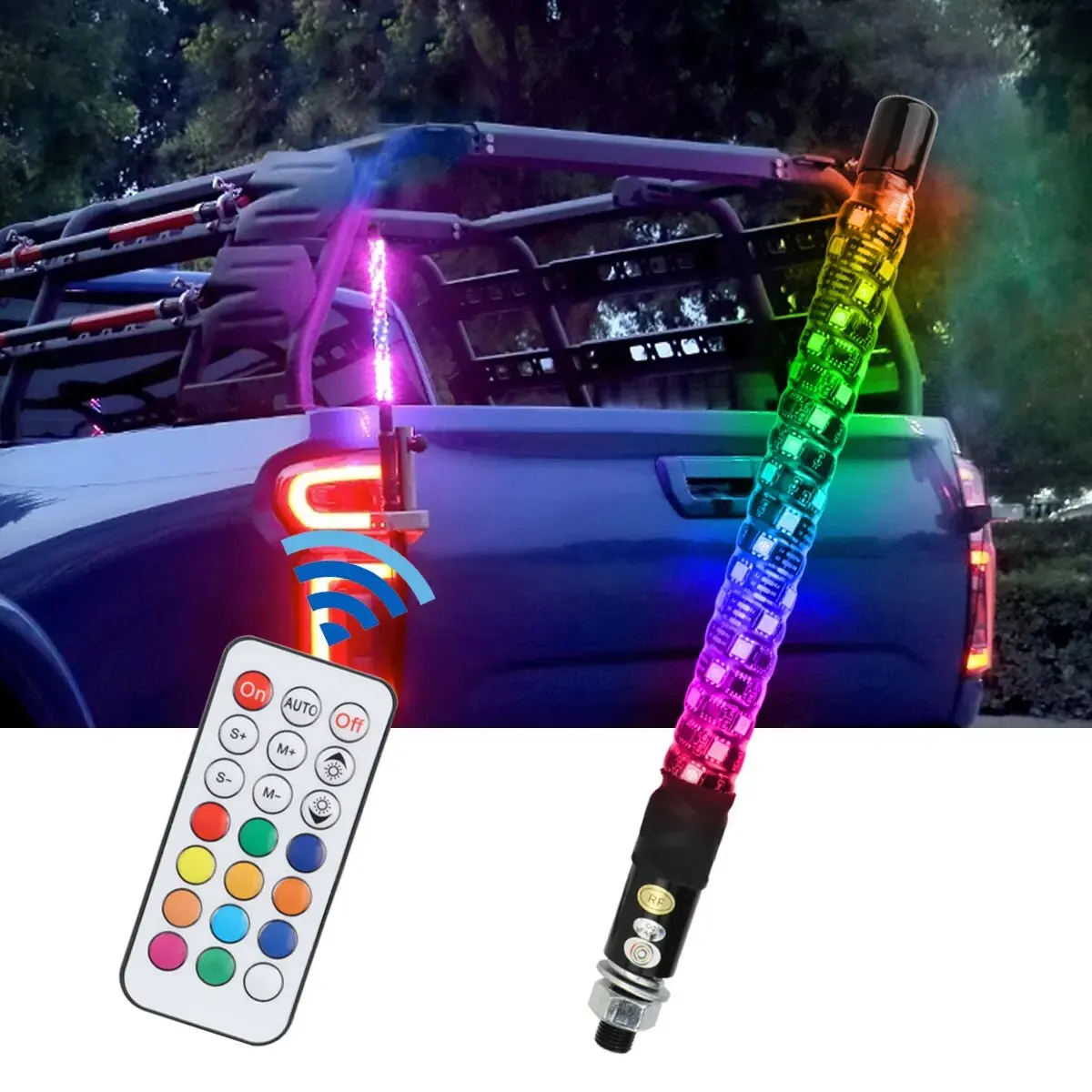 1 IN 1 30CM Symphony RGB Neon Ambient Decor Whip Light Remote Control Flagpole Antenna Whips for UTV Off- Road Vehicle ATV Truck