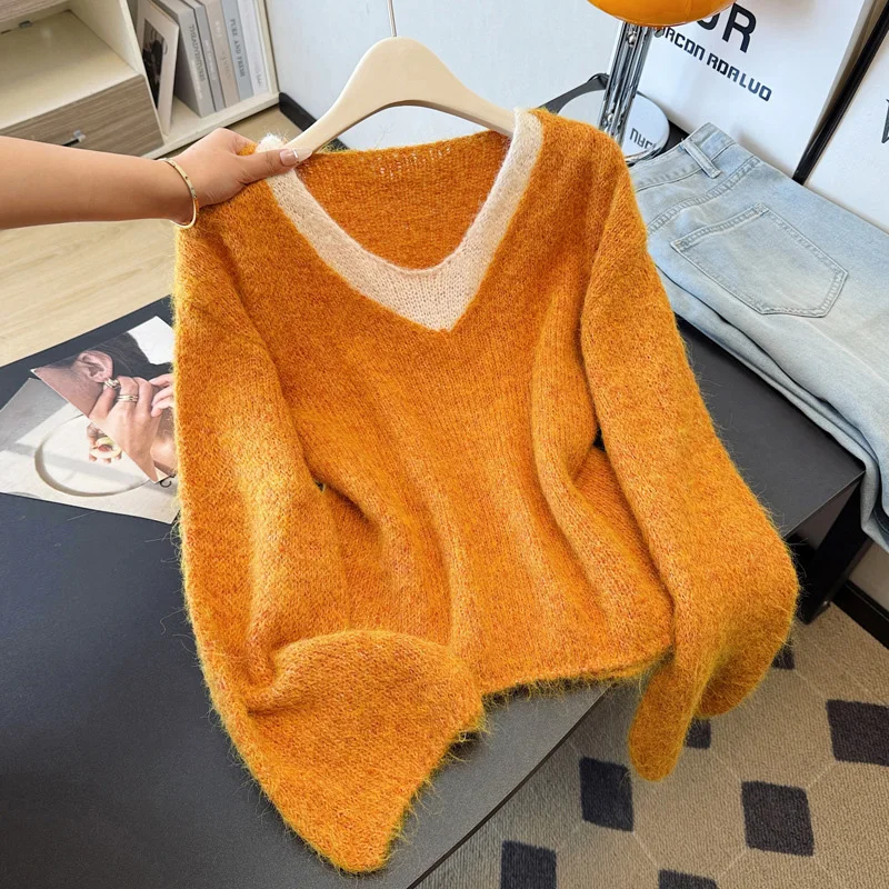 

Chic Patchwork V-neck Pullovers Women's Autumn Winter Long Sleeved Warm Knitted Tops Fashion Soft False Two-Piece Gray Sweaters