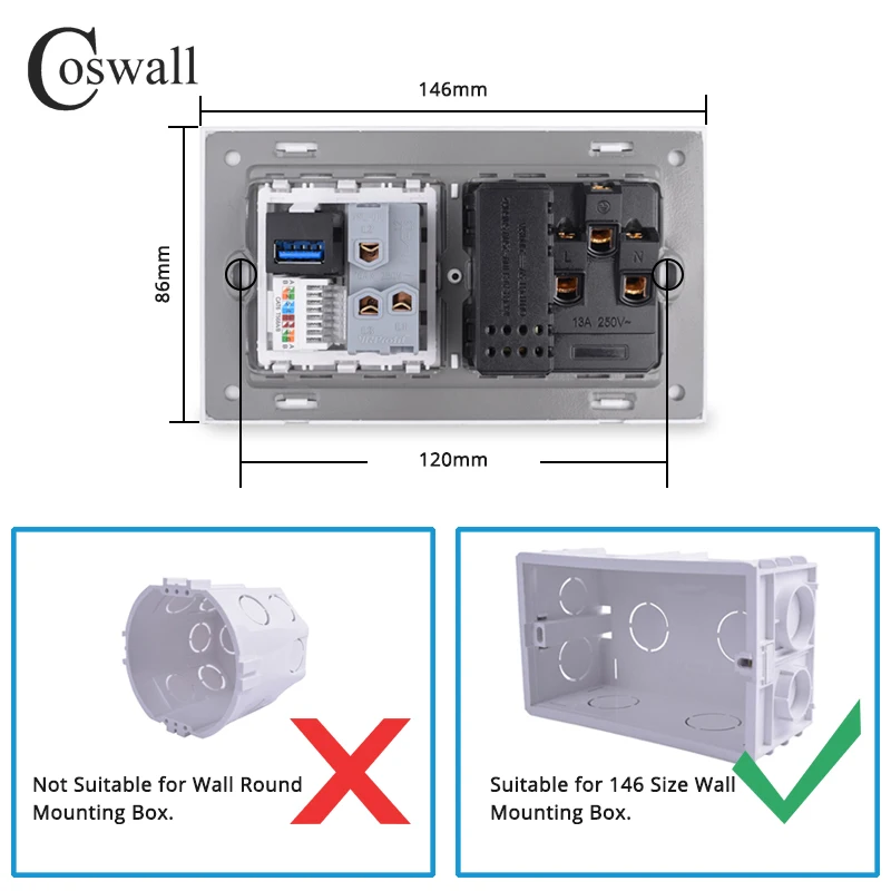 Coswall Glass Panel Wall Brasil Universal Outlet With Type-A & Type-C USB Charging Port HDMI Port Female TV CAT6 Internet Jack