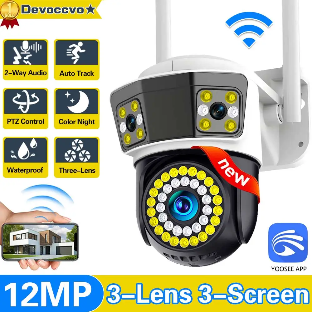 

6K 12MP WiFi Camera Triple Screen Triple Lens Security Mobile Body Detection Outdoor Auto Tracking IP CCTV Survalance Yoosee APP