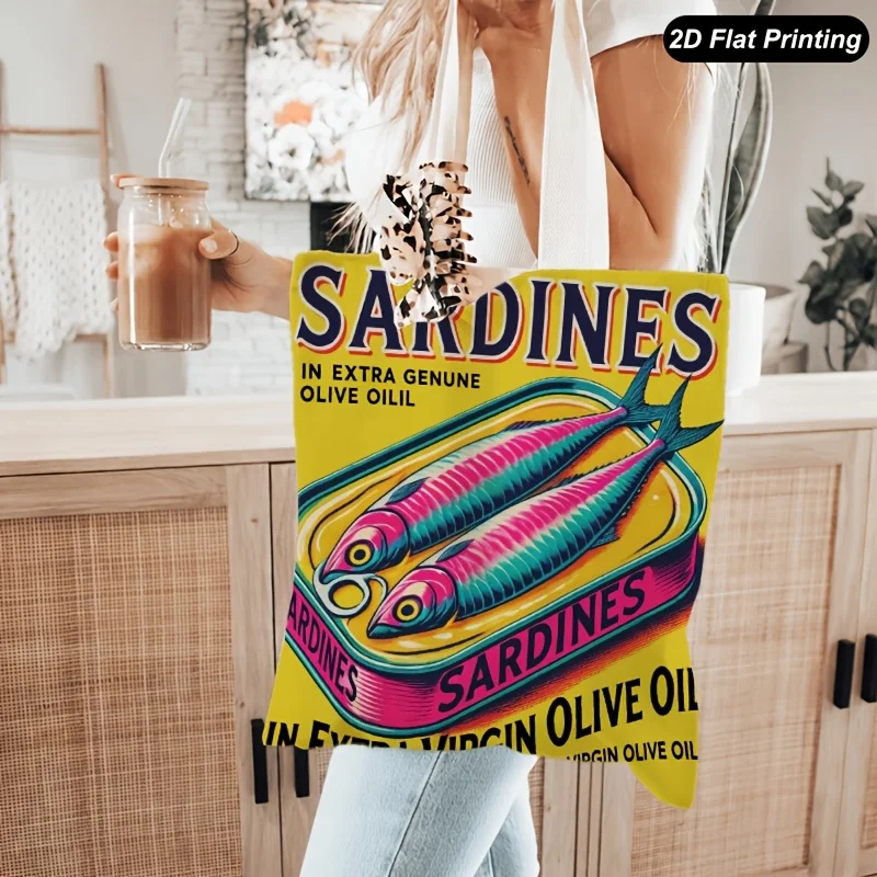 Sardine Can Tote Bag Compact Flat Suitable for Commuting Travel Reusable Canvas Shoulder Bag with Sardine Can Vacation Gifts
