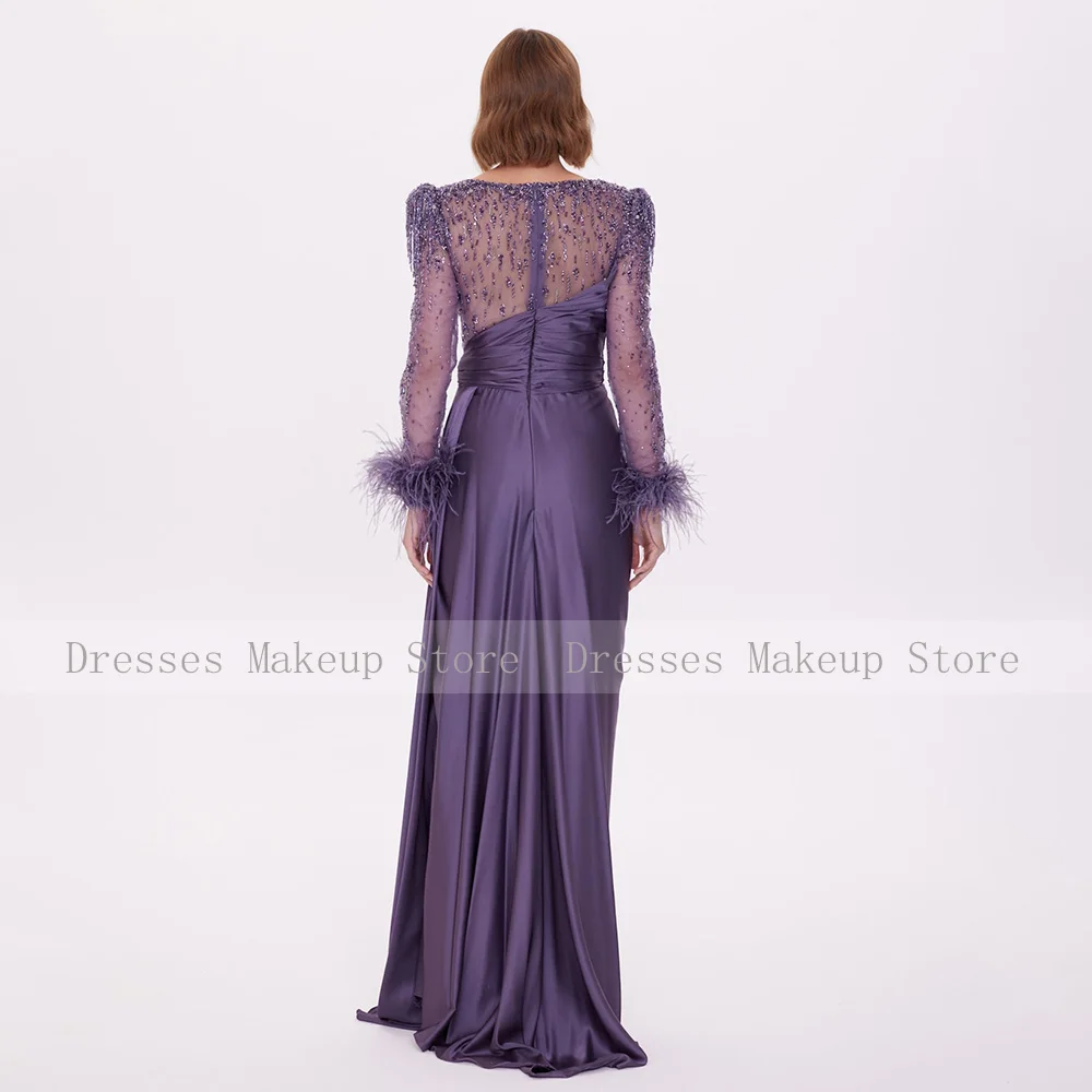 Luxury Evening Dress Purple Satin Beading Full Sleeves Elegant Wedding Guest Gowns for Women 2024 Feather Side Split Party Gown