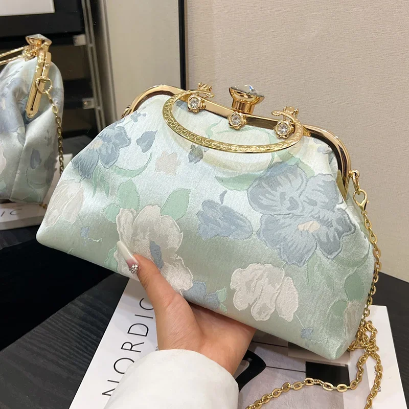 Fashion Women Hasp Flower Printed Shell Clip Ladies Evening Clutch Chain Messenger Bags Crystal Canvas Card Handbags And Purse