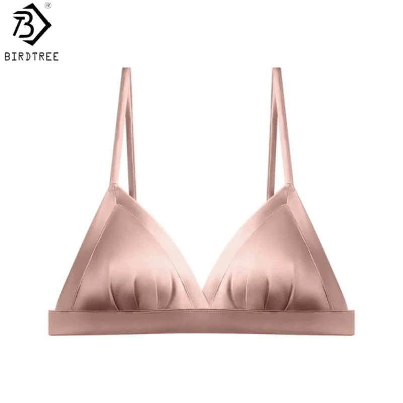 Birdtree, 93.8% Real Silk Satin Bra, Women's Triangle Cup Thin Underwear, French Style Sexy Bralette, 2026 Autumn New S69328JF
