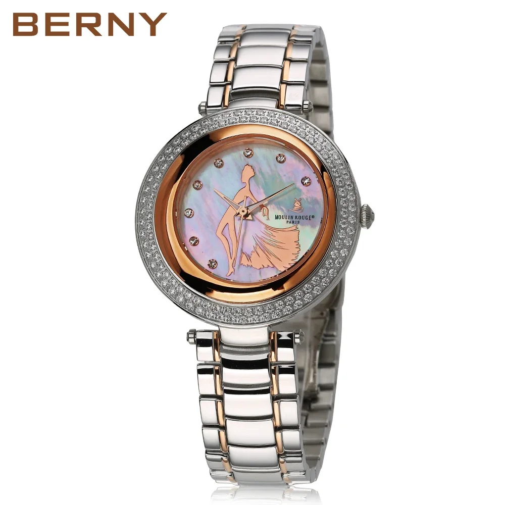 BERNY Luxury Brand Quartz Watch for Woman Waterpoof Wristwatch Fashion Sapphire Rhimestone Clock Stainless Steel Lady Watch 2022