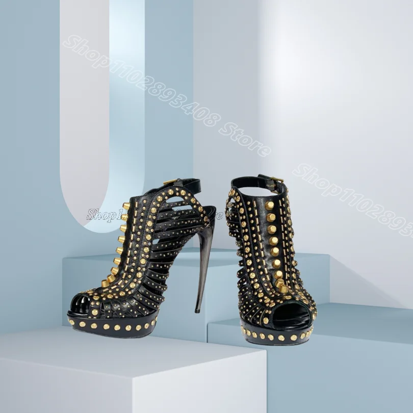 

Black Rivet Decor Platform Sandals Peep Toe Ankle Buckle British Style Fashion Women Dress Party Sandals Zapatos Para Mujere