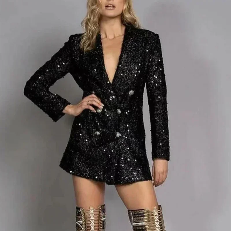 

Female Sexy V Neck Party Shiny Outwear Women Sequin Double-Breasted Commuting Office Suit Jacket New Autumn Winter Slim Long Top