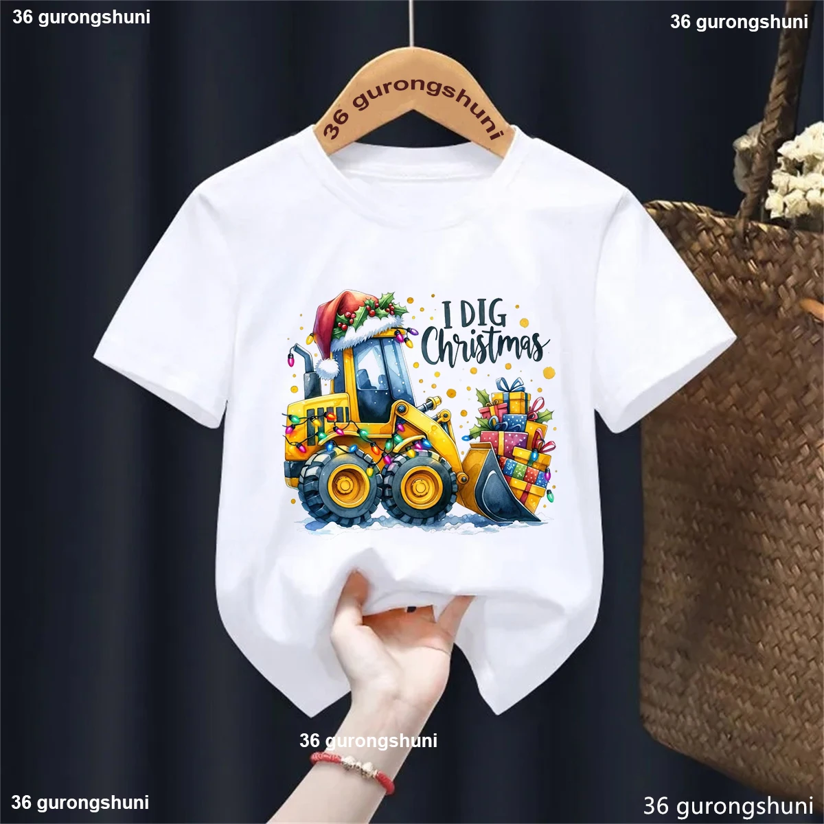 Xmas Gift Kids Clothes Watercolor I Dig Chrsitmas Digging Machine Graphic Printed T Shirt Girls/Boys Funny Soild T-Shirt Tops