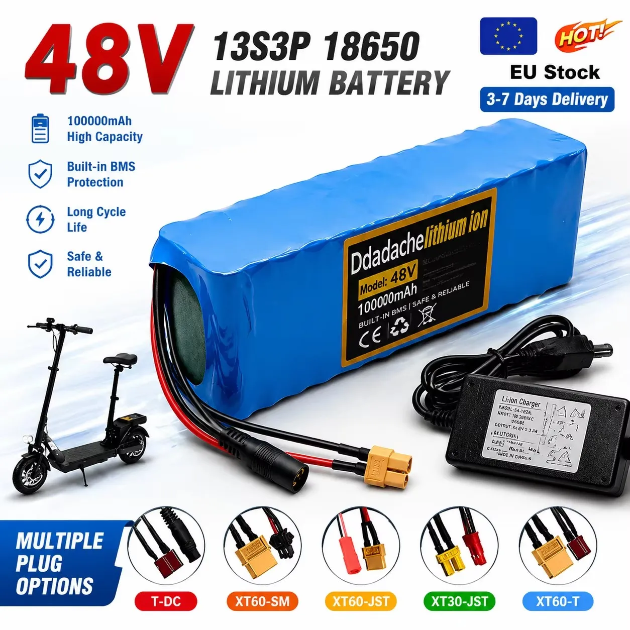 Image of 2000 W Hochleistungs-48-V-100-Ah-13S3P-18650-Akku mit integriertem BMS, 54,6-V-Lithium-Akku für Elektroroller, E-Bike, mit 54,6-V-Ladegerät, Backup-Batterie
