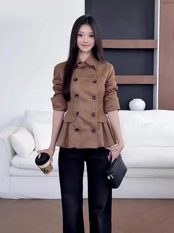 

Женская укороченная куртка-жакет в классическом стиле, осенне-зимняя, из замши, с утяжкой на талии, стройнящая, модная, двубортная, однотонная