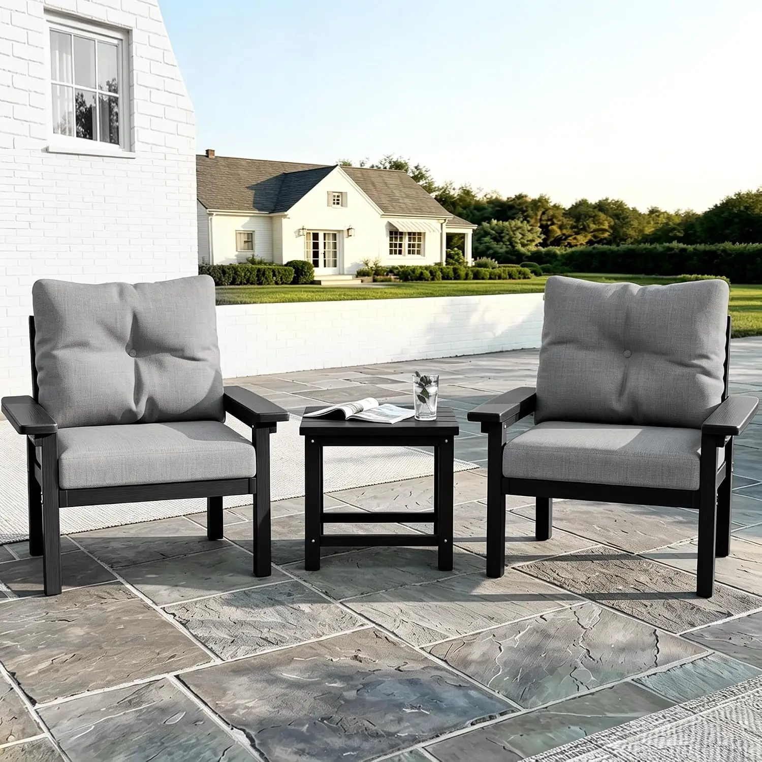 Outdoor Furniture Set with Side Table, Black Frame & Grey Cushions, Customized
