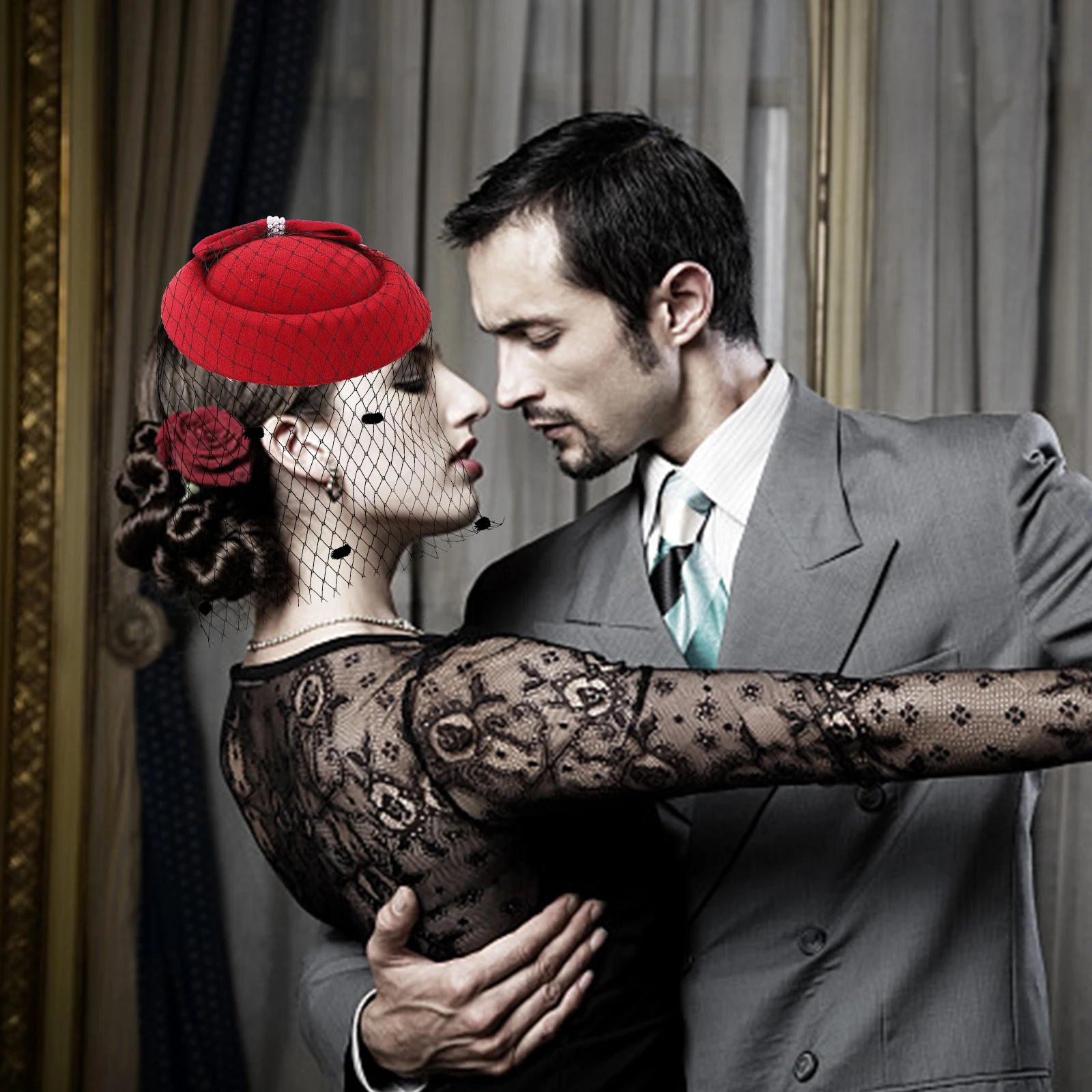 

1Set Elegant Retro Top Hat Gloves Kit Lace Floral Pattern Mesh Veil Party Costume Wedding Cocktail Banquet Accessory