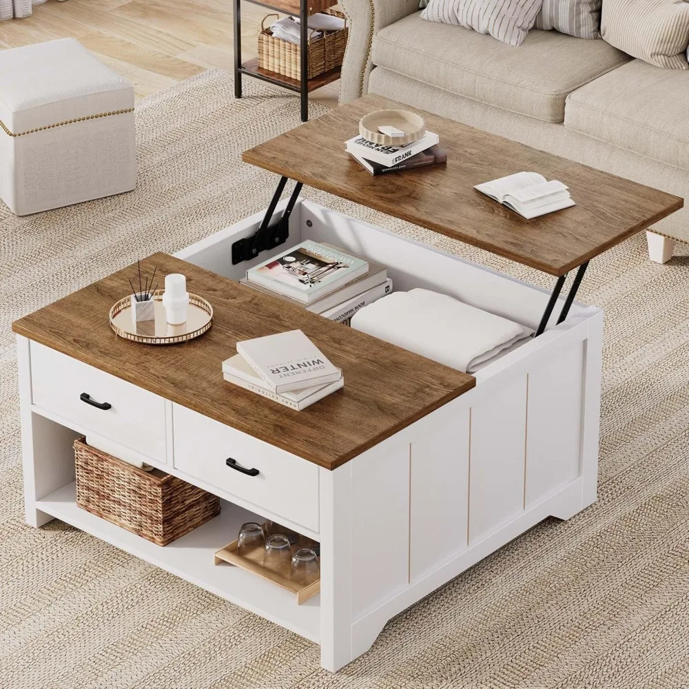 

Square Coffee Table Lift Top, Wood Tea Table with Big Open Storage Living Room, Coffe Tables Rustic Center Table with 2 Drawers