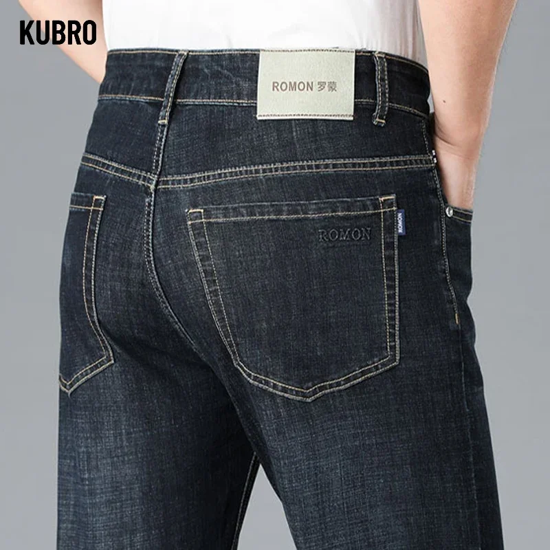 KUBRO Spring Autumn New High Quality Clothes Men MId Waist Fit Straight Jeans Classic Vintage Business Casual Trousers Pants