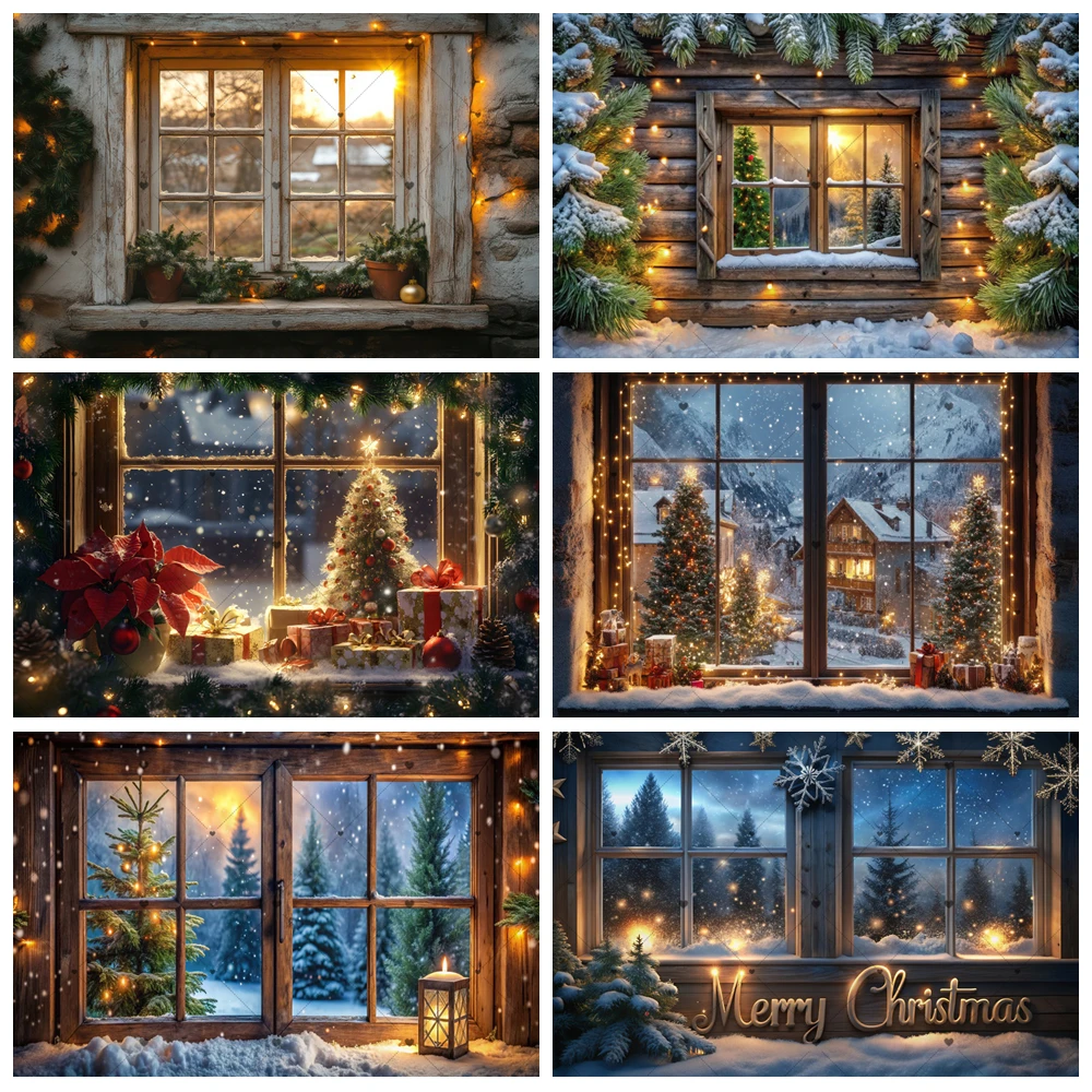 Merry Christmas Photography Backdrop Wood Window Xmas Tree Gifts Snowflake Family Party Kids Portrait Background Photo Studio