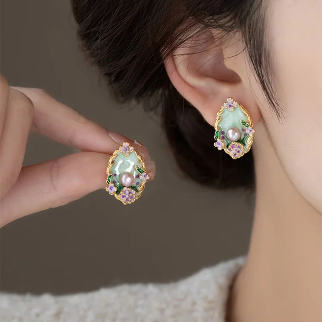 

DUTRIEUX Vintage Garden Pearl Earrings Luxury Oil Painting Design Women's Elegant Small Niche Design Exquisite Ear Jewelry Gifts