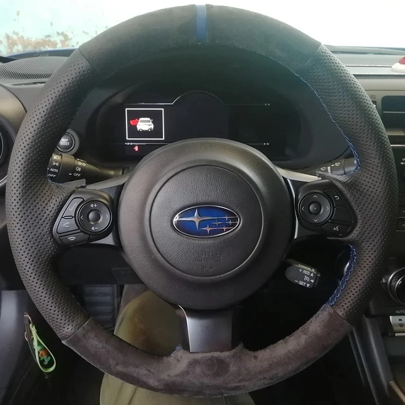 For Subaru BRZ Toyota 86 2016-2025 Hand Stitched Genuine Leather Suede Non-Slip Blue Line Blue Label Car Steering Wheel Cover