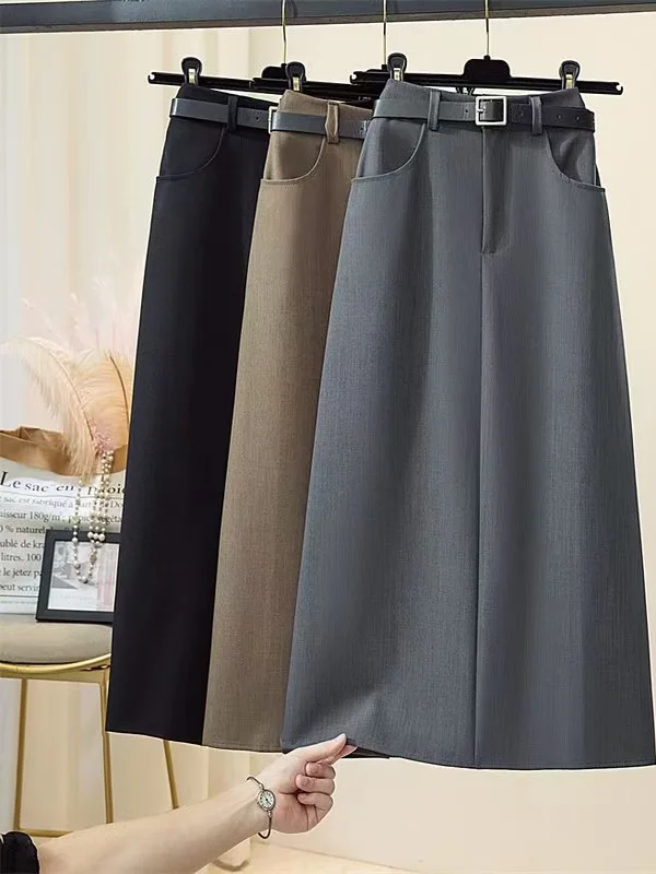 

Drapery A-Line Midi Skirt plus Size Women's Fashion Elastic Waist Slim Fit Split Straight Korean Style Commute Polyester Fiber