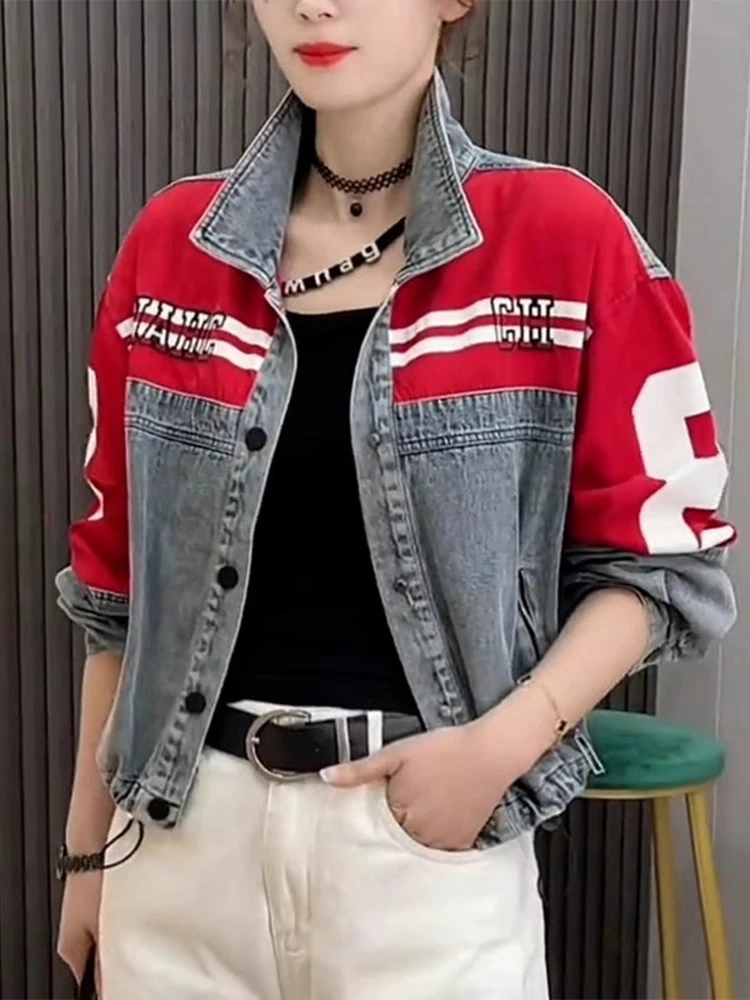ort Amerikaanse Sle Denim Jaet dames herfst 2025, nieuw ontwerp, patchwork, opstaande kraag, werkkleding, Jaet Koreaanse losse pasvorm