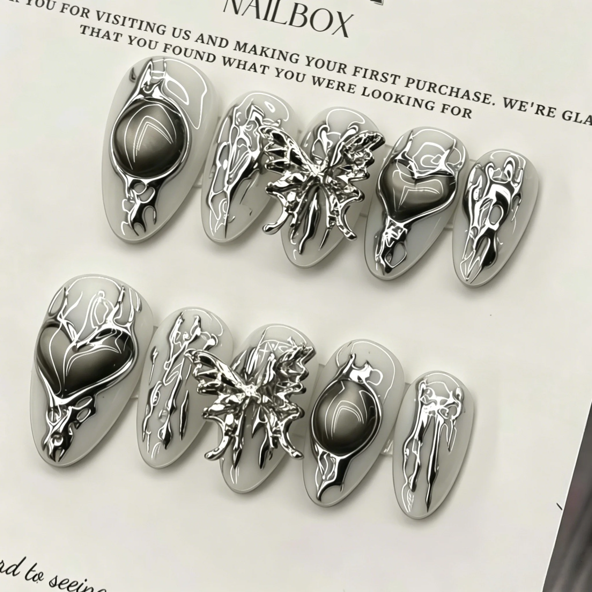 10pcs Metal Butterfly Handmade Nails Silver-Plated Seductive Y2K Press on Nail Short Almond Full Coverage Nail for Women&Girl 2