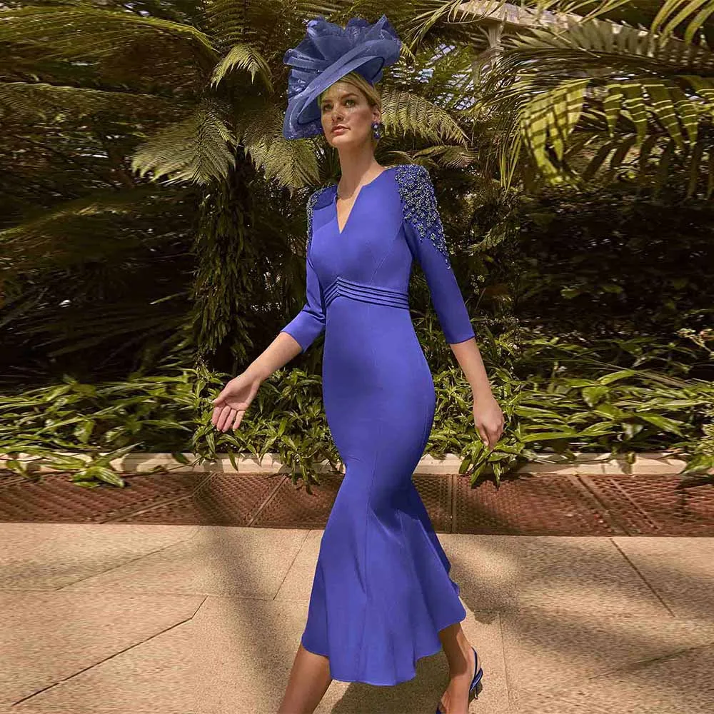 

Detail Mother of the Bride Dresses 2025 Crepe Fabric Mermaid/Trumpet Prom Dress Blue V-neck Beads Cocktail Party Midi