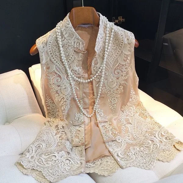 2024 Chinese style traditional clothing women lace embroidery vest top 3XL retro elegant sleeveless vest tangsuit hanfu top