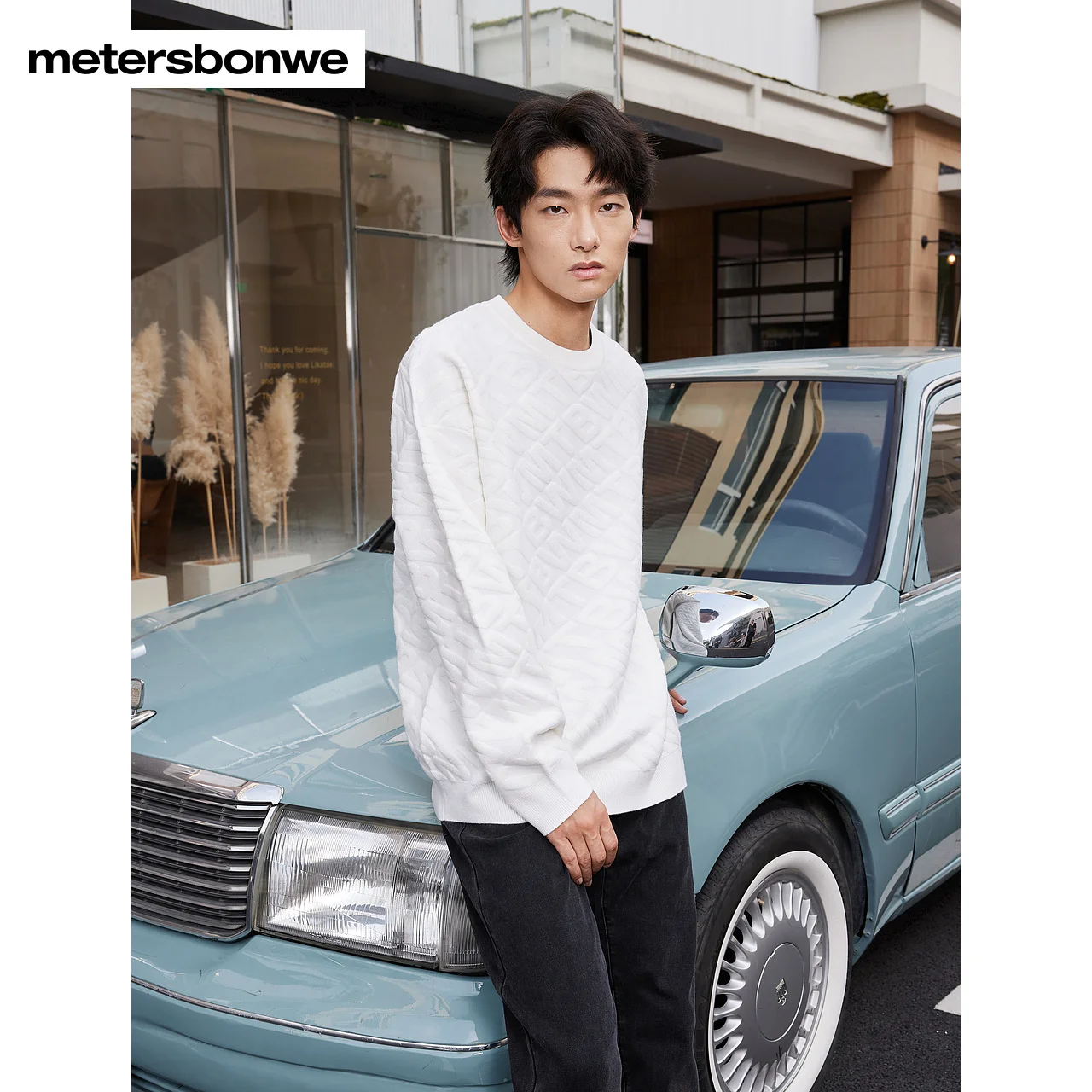 Metersbonwe-Men's Long Sleeves Sweater Loose Letter Jacquard Soft Basics Simple Pullover Sweater Teenager Casual Youth Winter