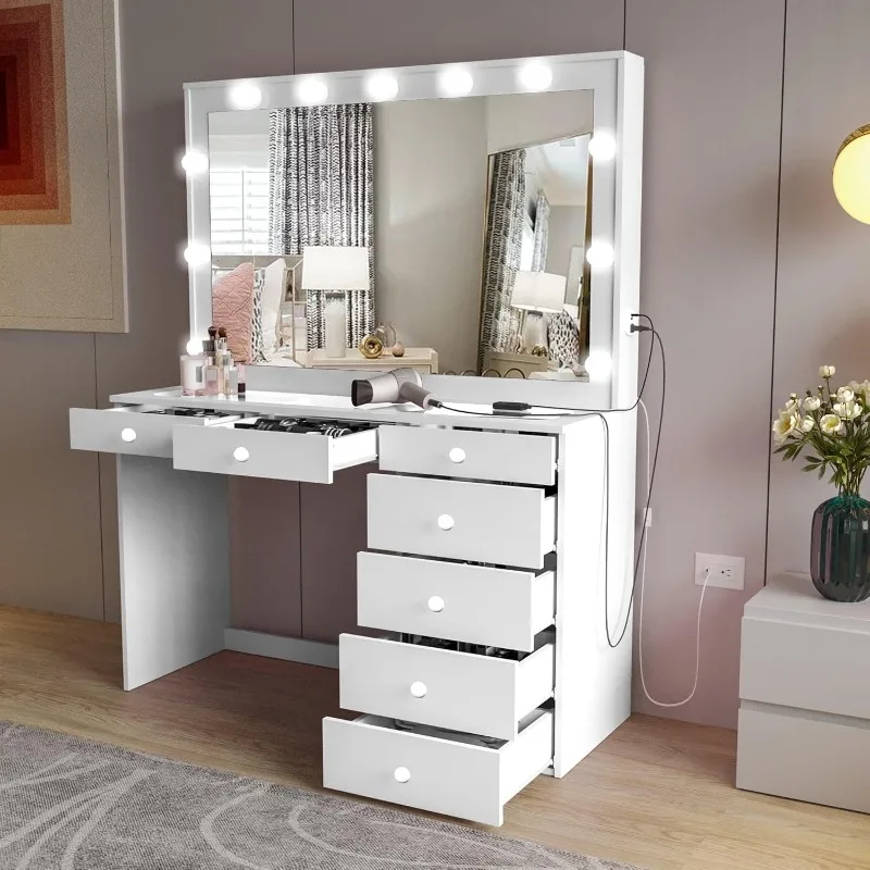 Serena - Glass Top Large Vanity Desk w/Hollywood Mirror Lights, 7 Drawers, Crystal Knobs, USB Type-C