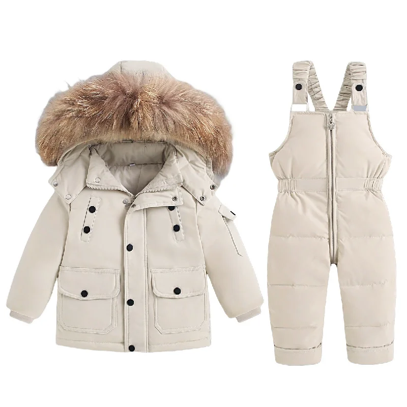-30℃ Winter Snowsuit Sets Boy Girls Thicken Warm Ski Suit Children Down Jacket and Jumpsuit 2Pcs Kids Padded Fur Collar Outfits