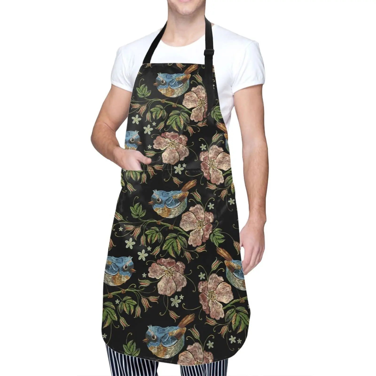 

Beautiful Birds and Flowers Waterproof Apron Spring Cooking Kitchen Apron Unisex Adjustable Apron