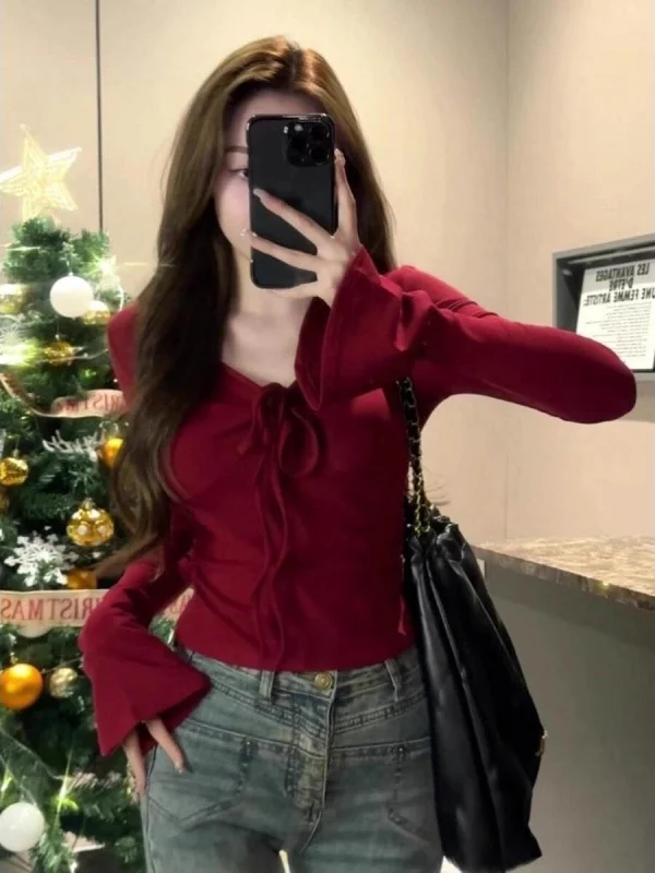 

Красная футболка Bell Sve, женская облегающая внутренняя одежда, топ V-Ne Long Sve, удобная, мягкая, повседневная, прямого кроя, новинка зимы