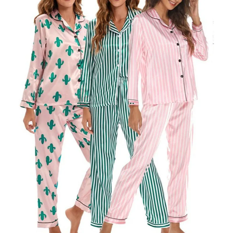 Fall and Winter Women Nightwear Cardigan Lapels Long Sleeves Stripes Pajamas Soft Loungewear Two-Piece Set Sleepwear Homewear