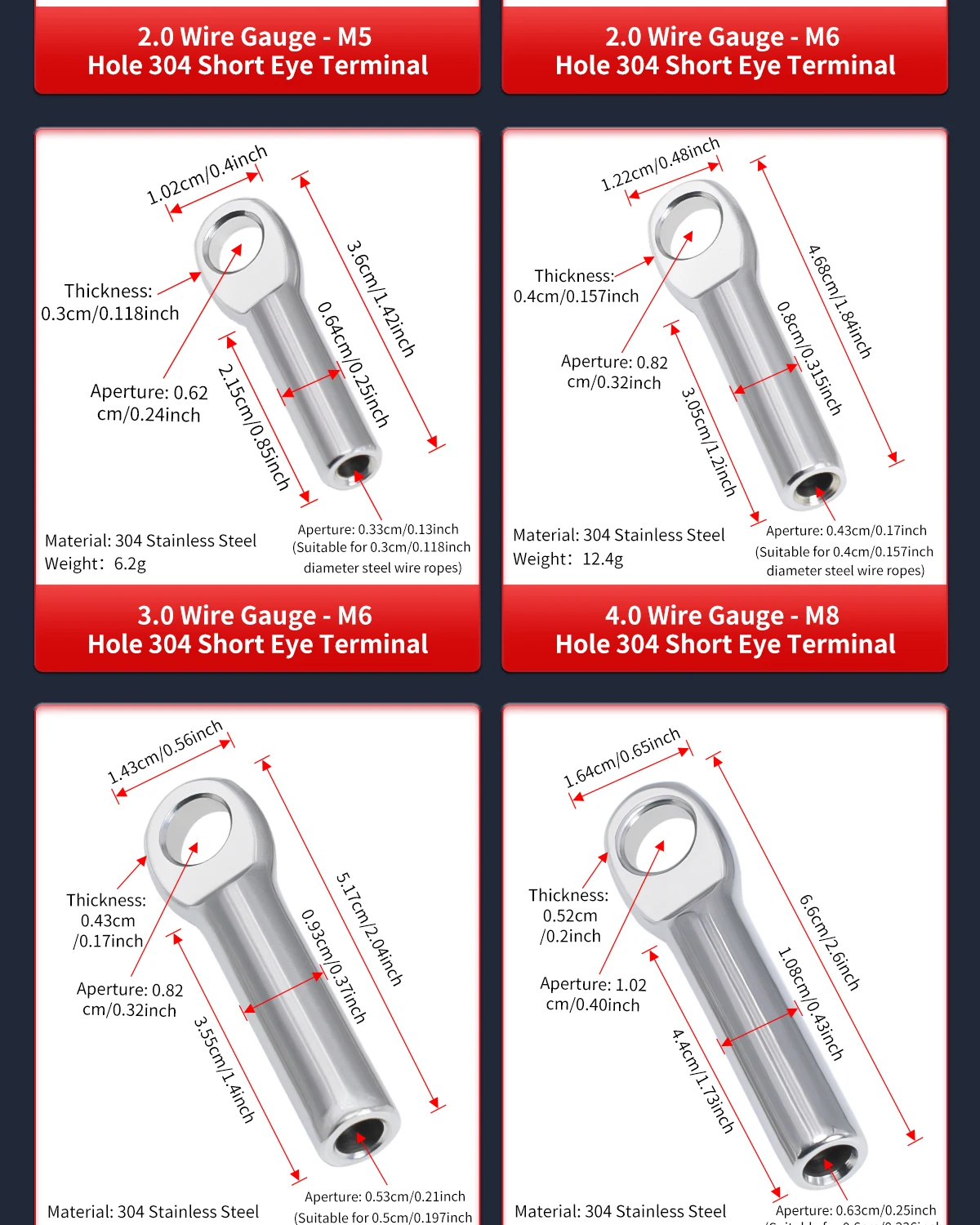 1,5-6mm 304 Edelstahl Ösen-Klemmclip, Drahtseil-Verbindungsclip, M4/M5/M6/M8/M10 Klemmterminal – Detail 11
