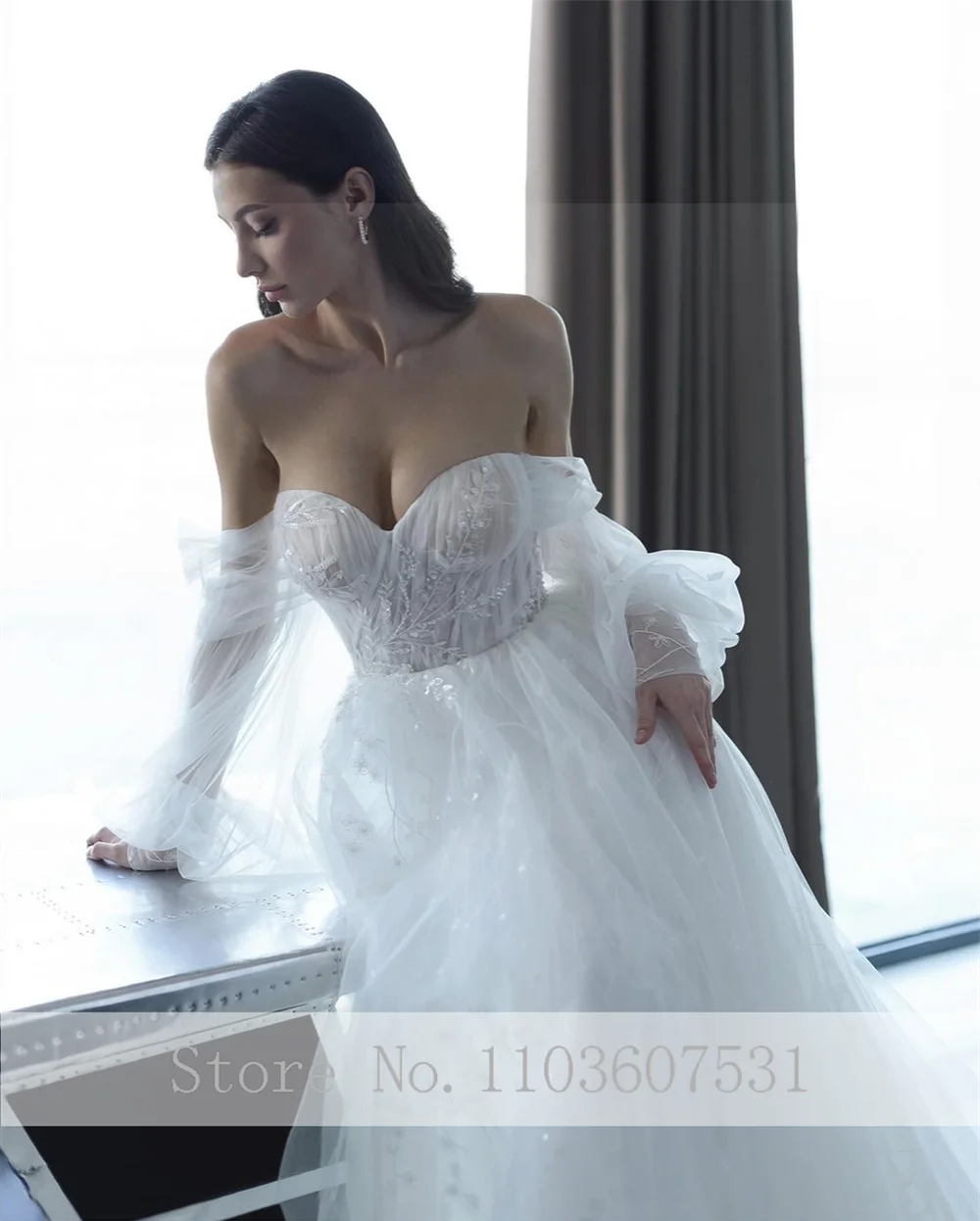 Robe de Mariée Bouffante en Tulle Chic pour Femme, Col en Cœur, Ligne A, à Lacets, avec Manches Parfaites