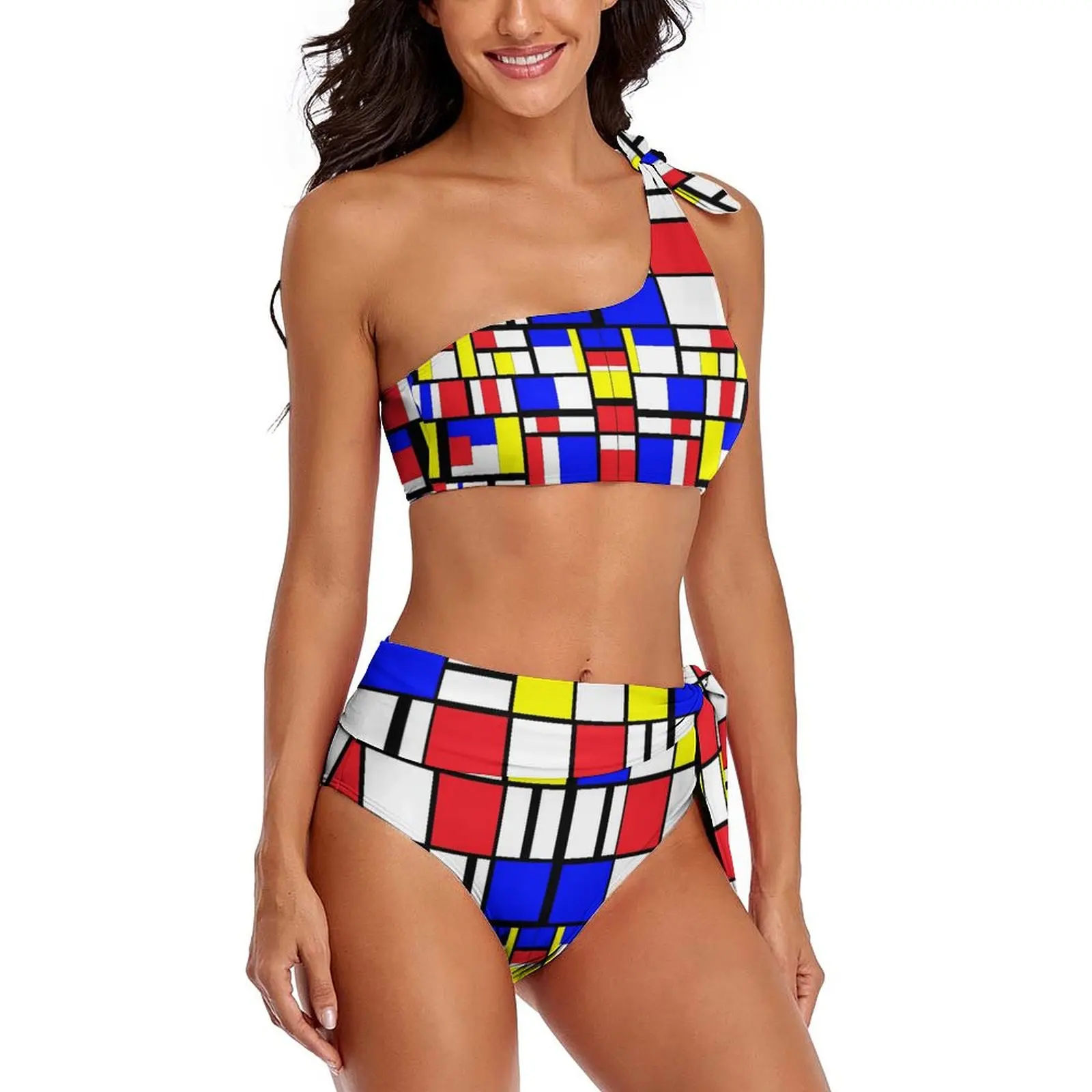 Conjunto de Bikini geométrico Vintage, bañador Sexy de estilo Mondrian, traje de baño de cintura alta, traje de baño gráfico Rave