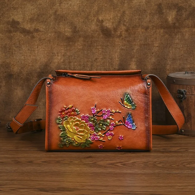 

Johnature 2025 New Women's Shoulder Bags Handmade Embossed Genuine Leather Bag Retro Floral Crossbody Bags