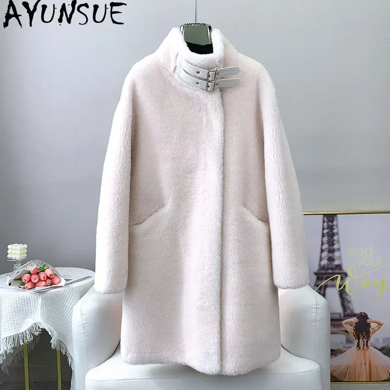 

AYUNSUE 2023 Autumn Winter 100% Sheep Shearing Jacket Women Mid-length Fur Coat Wool Jackets Warm Fur Coats Streetwear Casacos