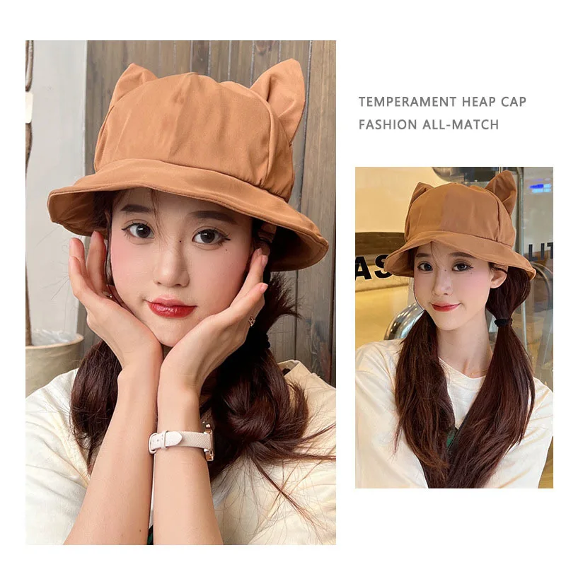 2024 Cute Cat Ear Bucket Hats Cartoon Sweet Solid Color Cotton UV Protection Beach Hat Fisherman Hat Sun Cap Kids Outdoor Travel