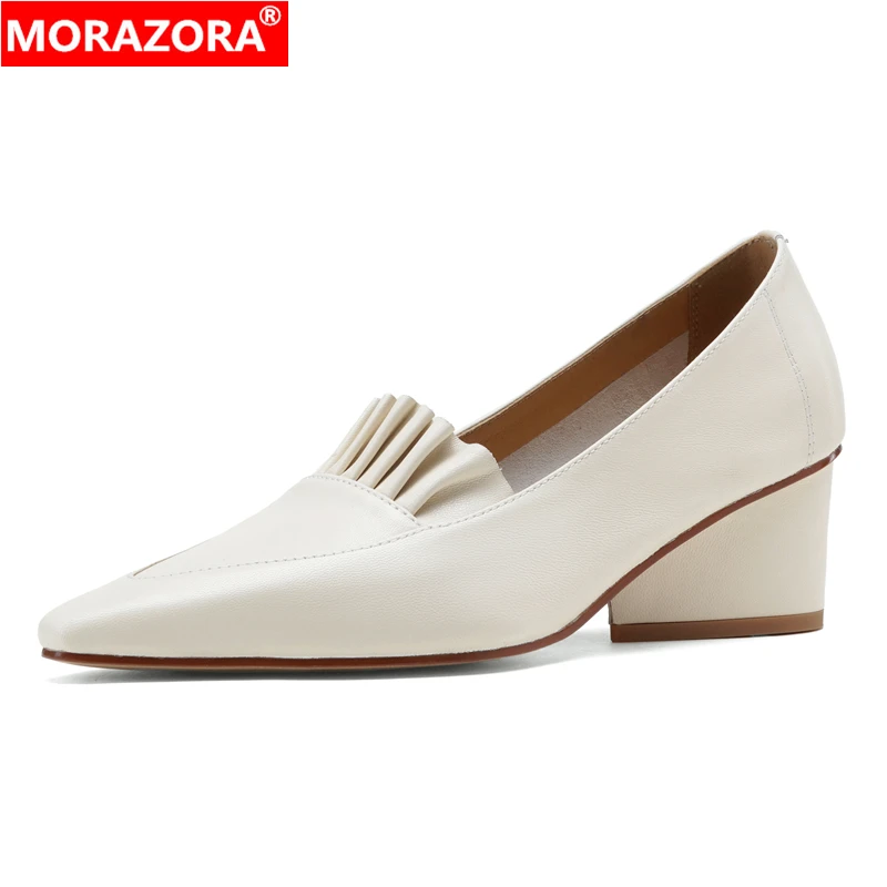 

MORAZORA 2025 New Genuine Leather Shoes Woman Pointed Toe Chunky High Heels Spring Summer Party Office Shoes Women's Pumps